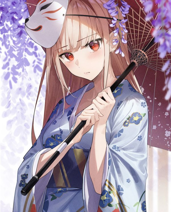动漫日系狐面狐狸面具人物插画横竖壁纸原画